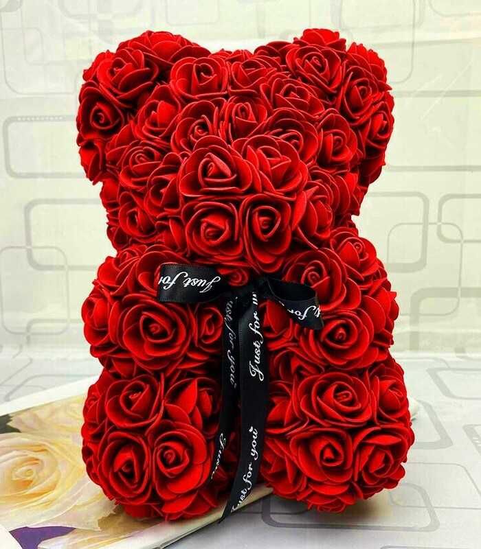 Różany Miś z róż XXL Wieczna róża 25cm płatki róż PREZENT DZIEŃ MAMY