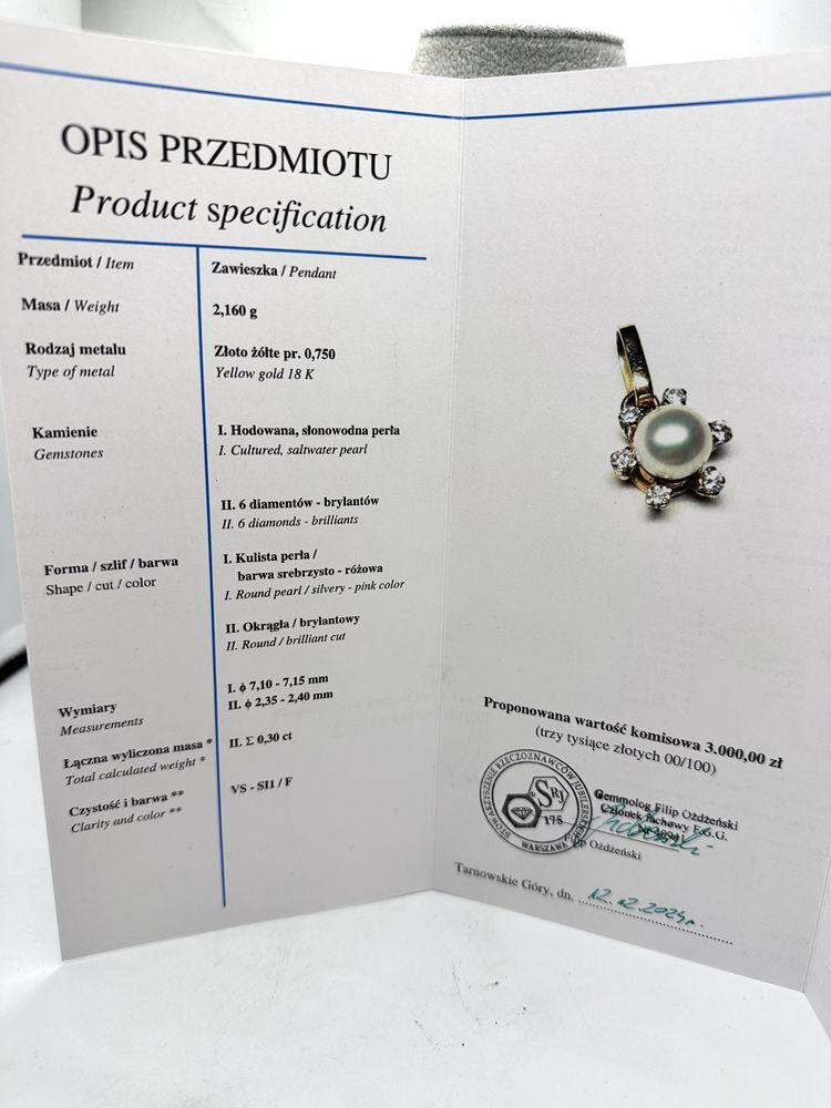 Złota zawieszka 750 z perłą i diamentami 0,30ct VS1-Si1/F