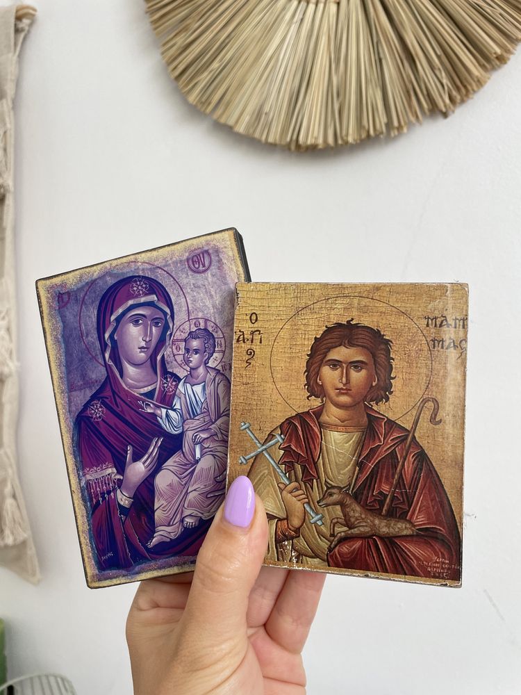 Zestaw 2 ikony obrazy religijne Matka Boska reprodukcja na drewnie