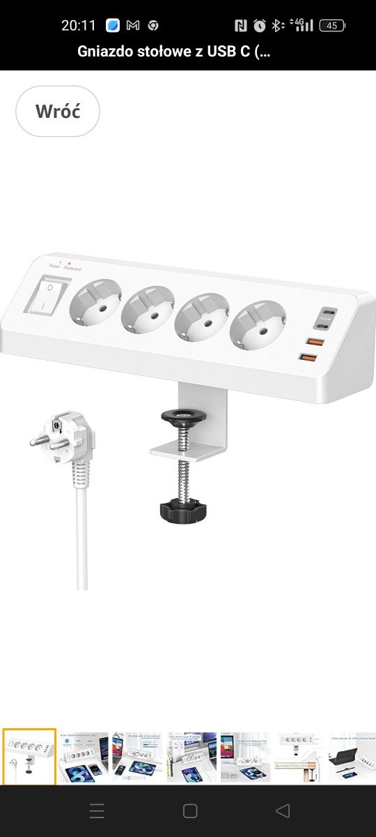 Gniazdo stołowe z USB C (PD 20 W), listwa zasilająca 8 w 1