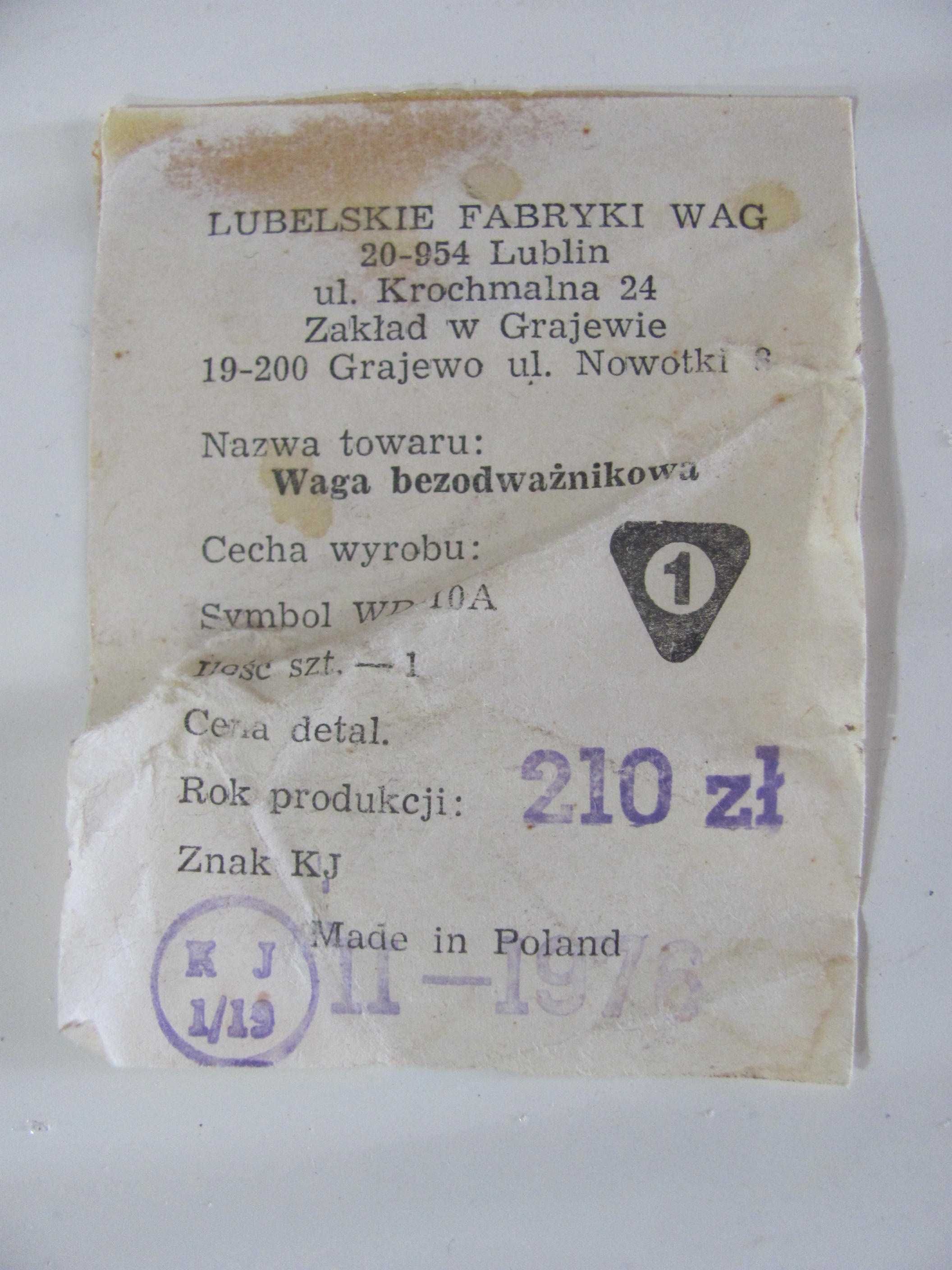 Waga kuchenna WD-10A Lubelskie Fabryki Wag PRL 1989r