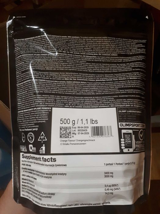 Olimp Creatine Monohydrate Xplode Powder®-500 g o smaku pomarańczowym