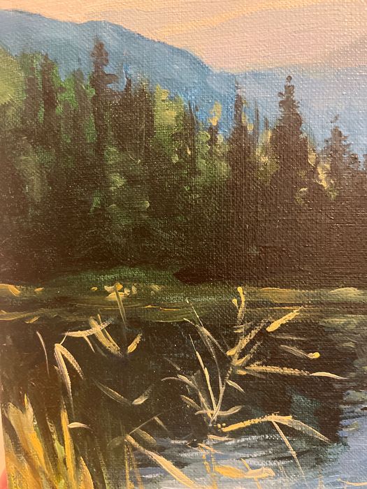 Widok,natura, trawy i woda, odbicie lustrzane, obraz olejny, góry.
