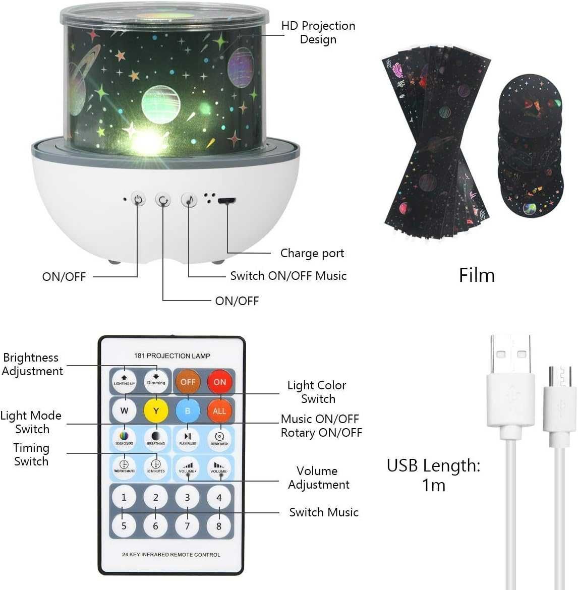 Lampka nocna królik projektor gwiaździstego nieba 360° pilot timer LED