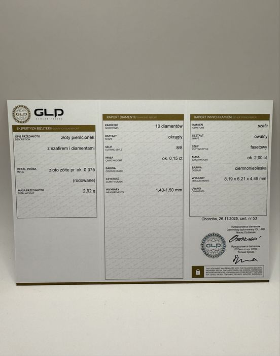 Złoty pierścionek z szafirem 2,00ct i diamentami 0,15ct