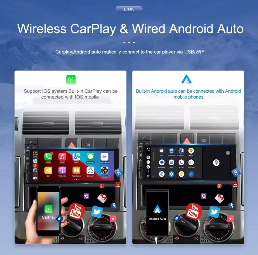 Rádio 1 DIN Android 13 ecrã 6.8" + Carplay + RDS + GPS