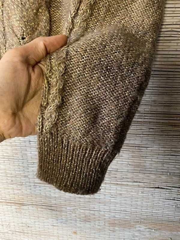 Brązowy sweter warkocz ze złotą nitką H&m S/M 36/38