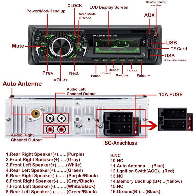 Auto Rádio RK-538 Bluetooth USB SD MP3 | 7 cores