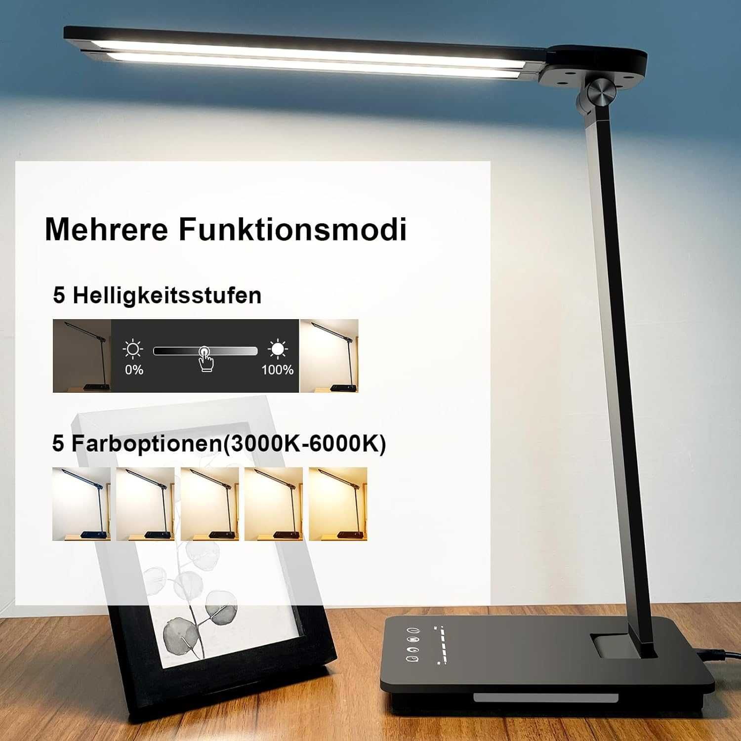 Lampka Biurkowa LED Regulowana PORT USB 5 Trybów Świecenia TIMER