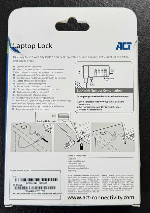 Linka do blokady laptopa z kombinacją cyfr ACT AC9015 srebrny