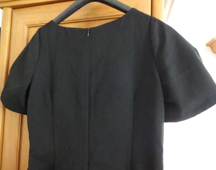 Sukienka Czarna Krótki Rękaw Elegancka Proste Cięcia, Zamek, Podszewka