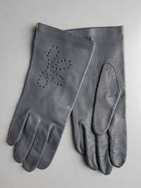 Rękawiczki skórzane szare z ozdobnym motywem