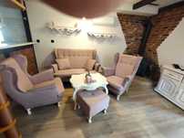Zestaw wypoczynkowy w stylu skandynawskim sofa uszak+2 fotele+pufa.
