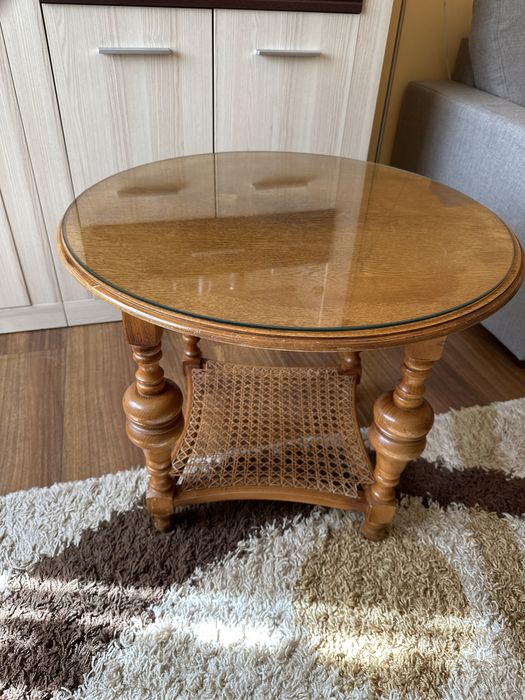 Stolik okragly debowy vintage z szyba