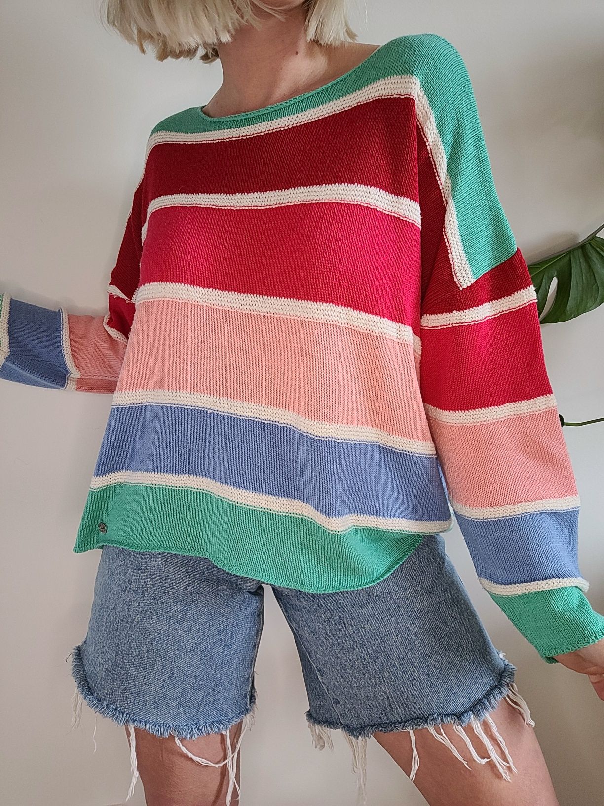 Kolorowy sweter w pasy oversize 80s vintage