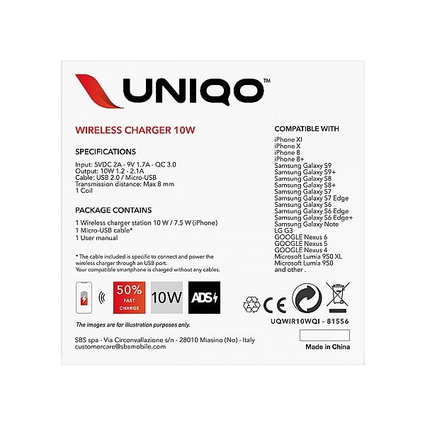 Ładowarka bezprzewodowa SBS UQWIR10WQI 10W Quick Charge 3.0 - czarna