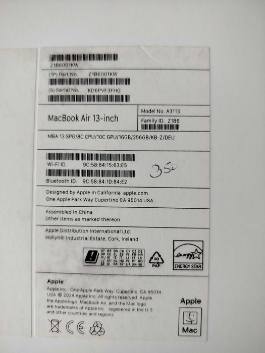 MacBook Air M3 13" 16GB RAM/256GB SSD A3113 (space gray). jak Nowy