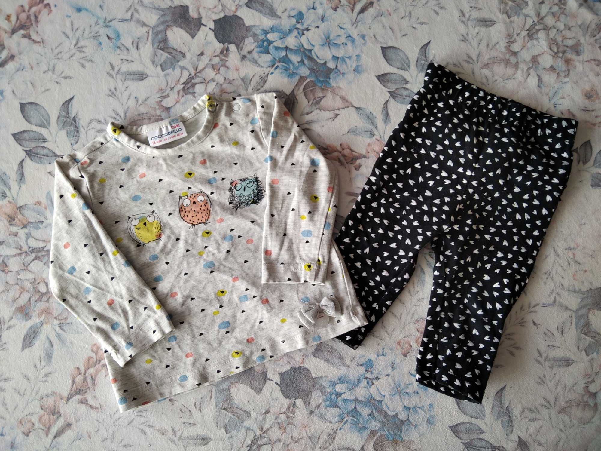 Komplet niemowlęcy bluzka sowy + spodnie czarne w serca 68