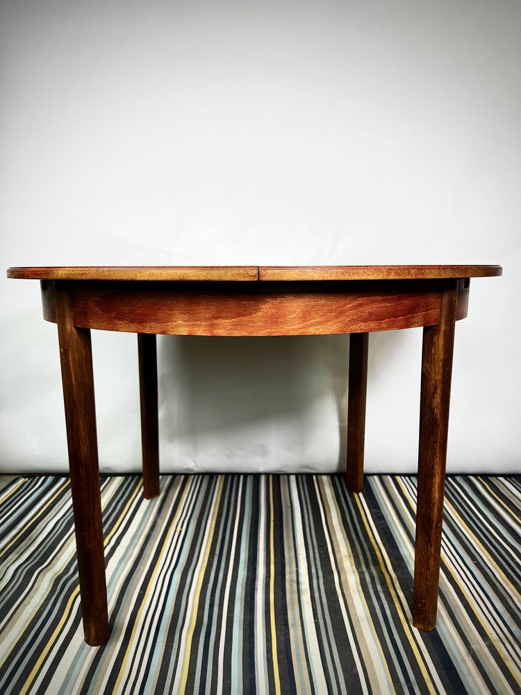 Stół Art Deco okragły rozkładany Dania 1964r. vintage patyczak tek mat