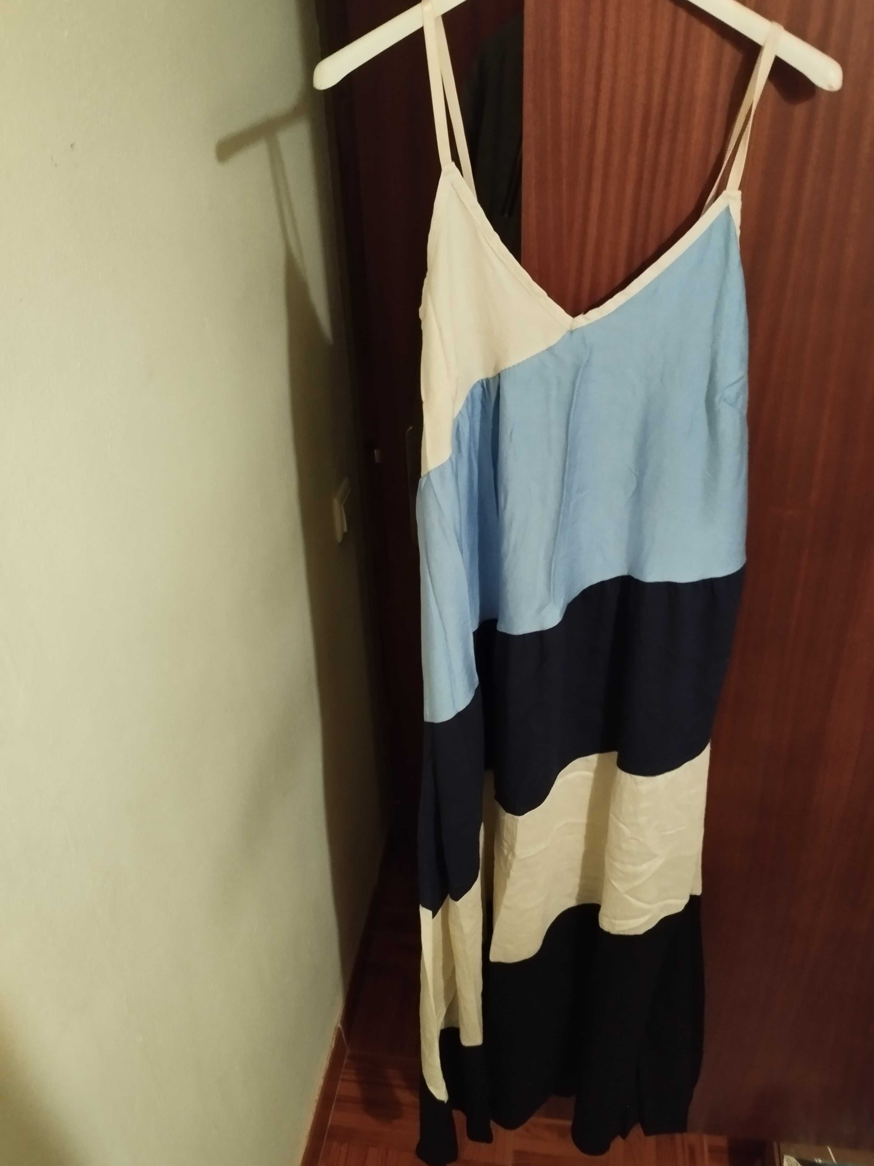 Vestido comprido tons beje e azul novo