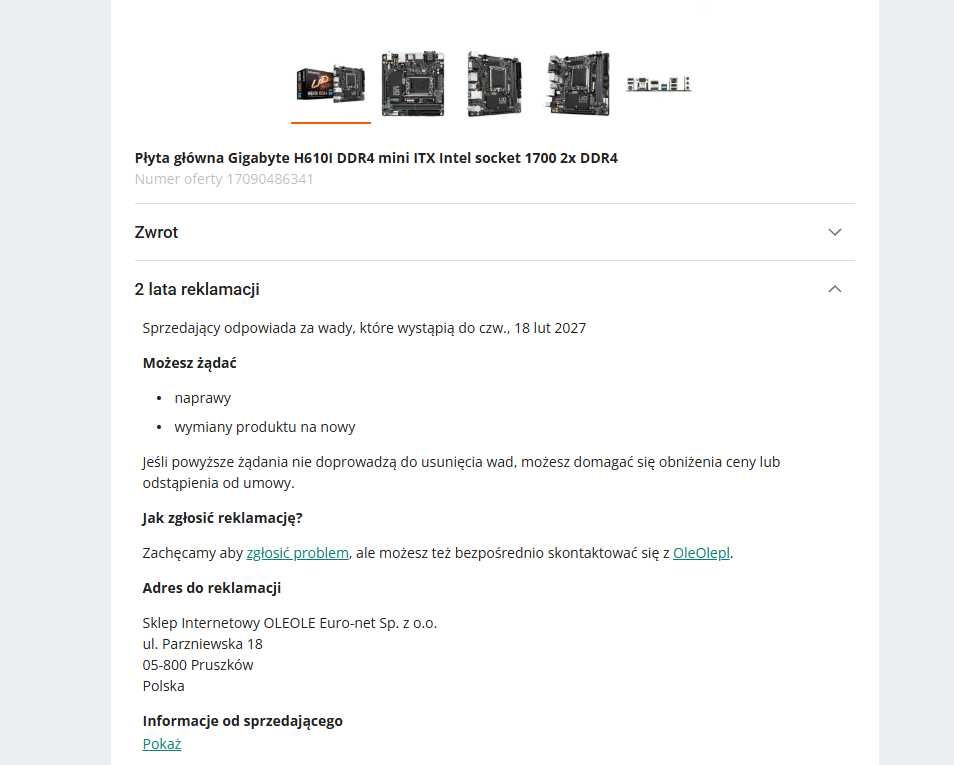 Płyta główna Gigabyte H610I DDR4 mini ITX, gwarancja