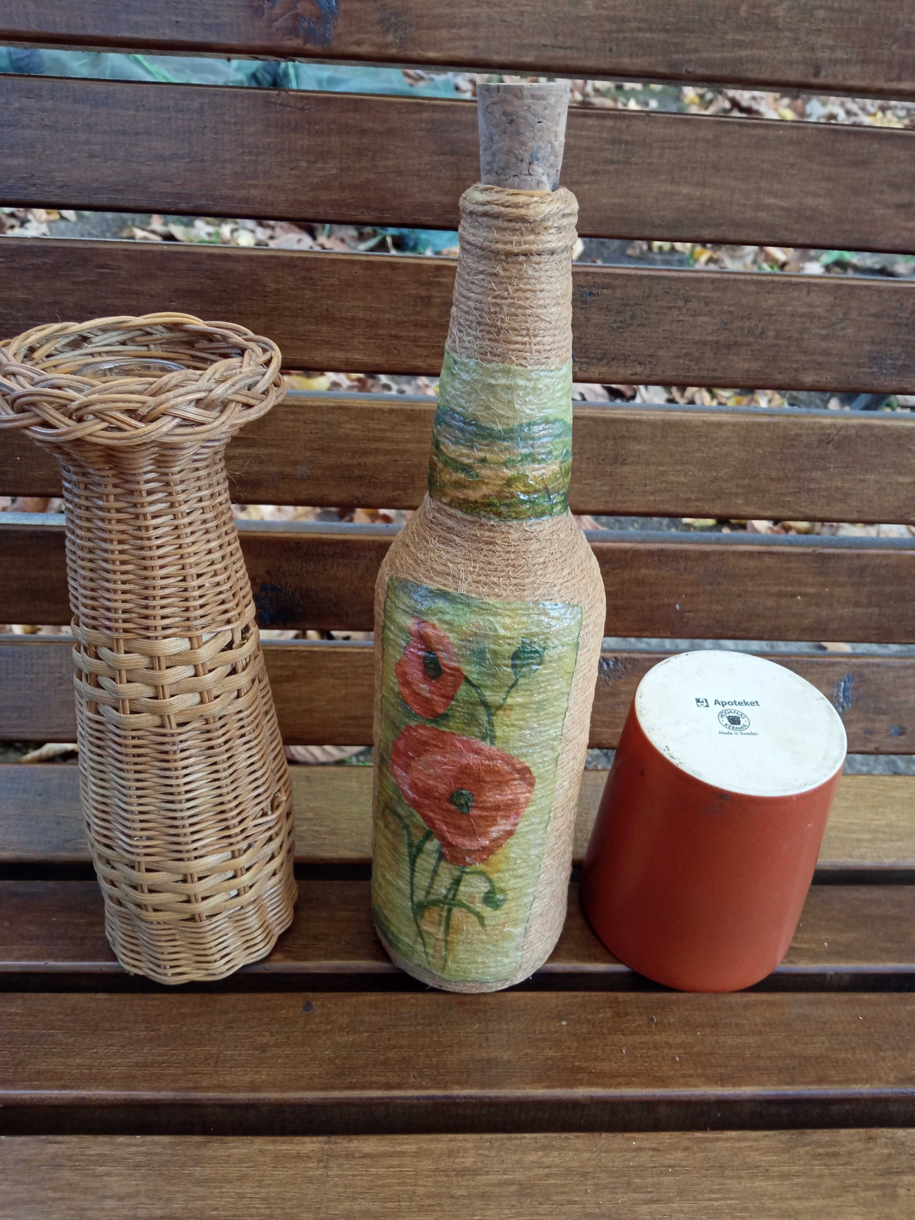 Kolekcja folk ludowa wiklina glina ceramika decoupage butelka