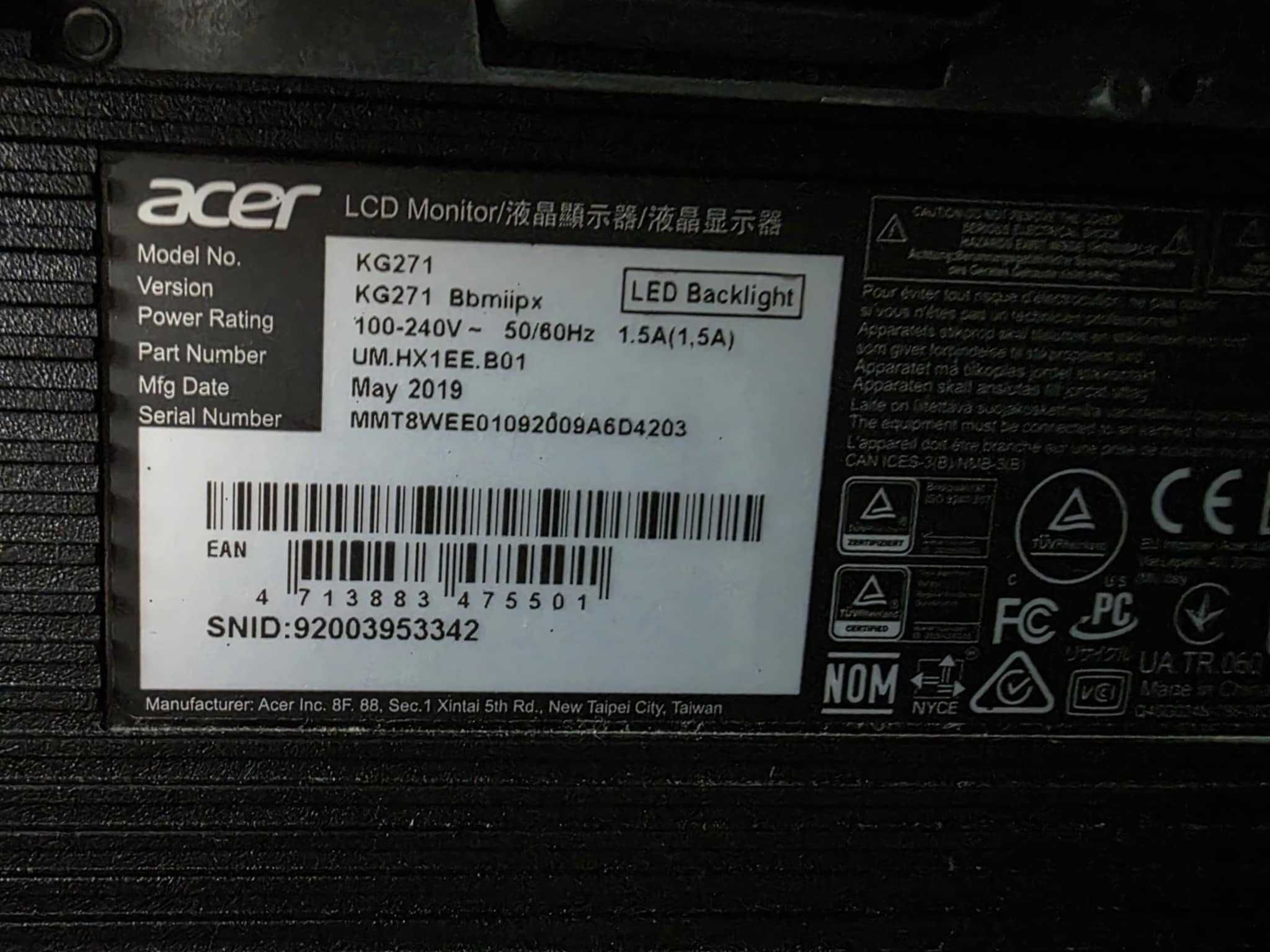 Monitor Acer KG271, 27', 240HZ, FreeSync, 1ms