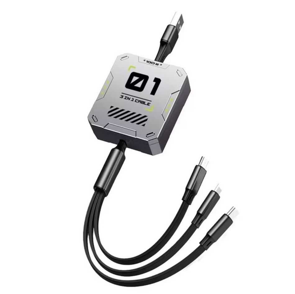 Kabel 3w1 zwijany microUSB, USB C, lightning 1,2 metra kwadrat