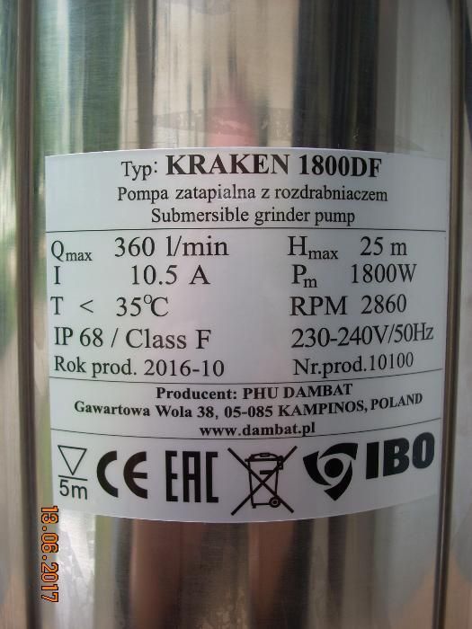 Profesjonalna pompa zatapialna KRAKEN 1800 DF WARSZAWA