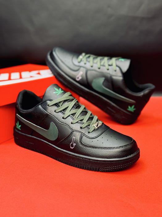 Nike Air Force 1 AFM-420 Black Edition с принтом марихуанны. Найк Форс