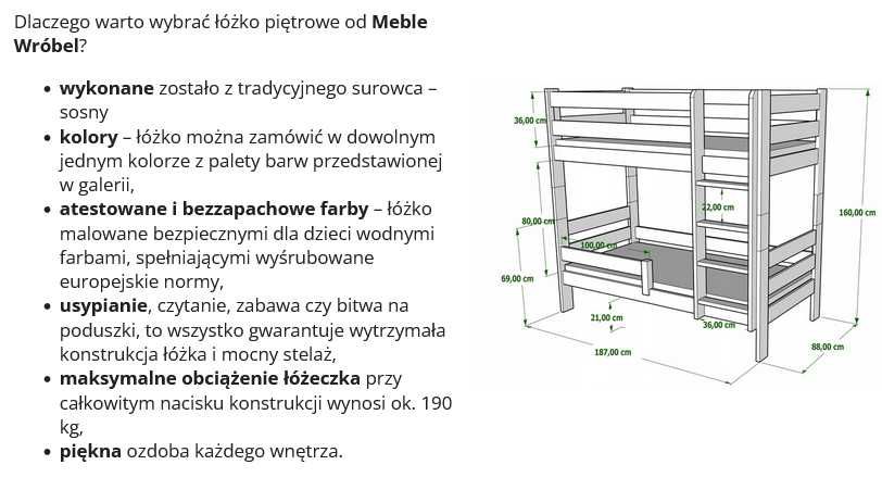 Łóżko piętrowe białe 180x80 cm