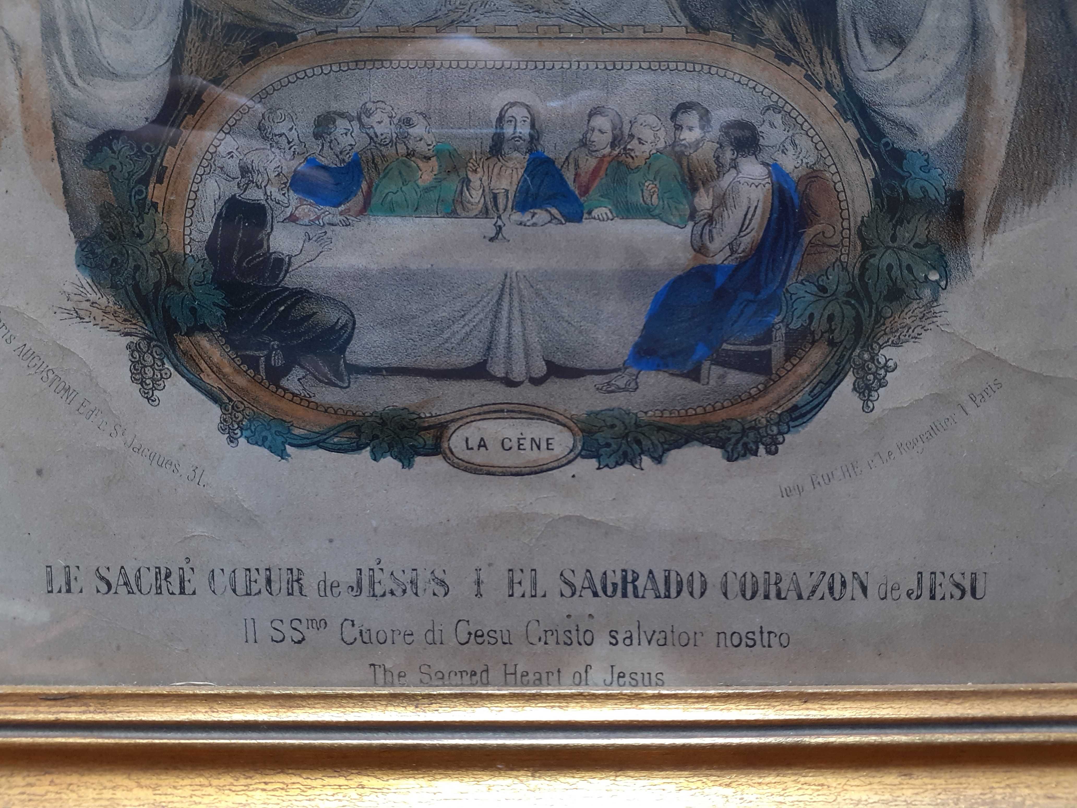 Gravura Última Ceia e Sagrado Coração de Jesus, século XIX, arte sacra