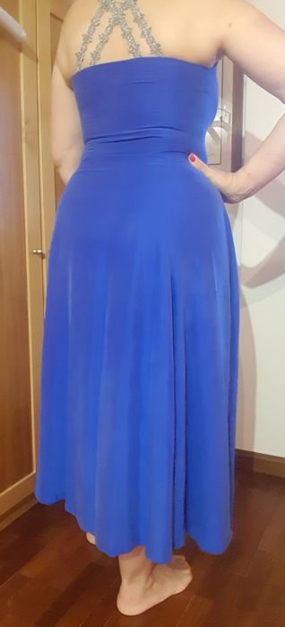 Vestido em seda azul magenta/ciano com alças prateadas