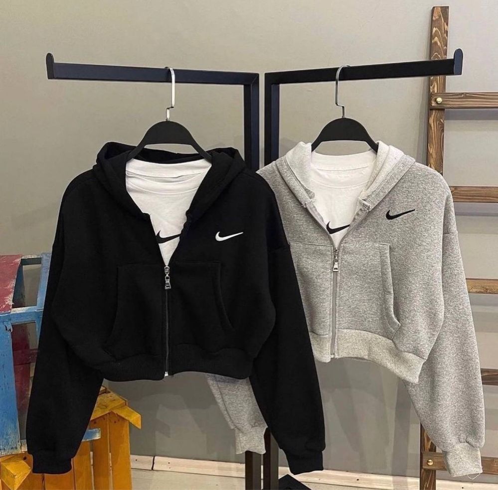 Женская Кофта Nike с капюшоном Худи Найк Двунитка 42-46 Серый Чёрный