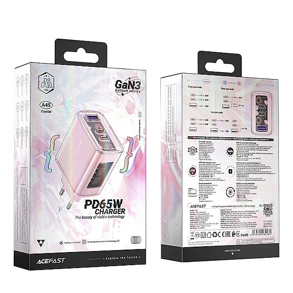 Acefast ładowarka GaN 65W 3 porty (1xUSB, 2xUSB C) różowa (A45)