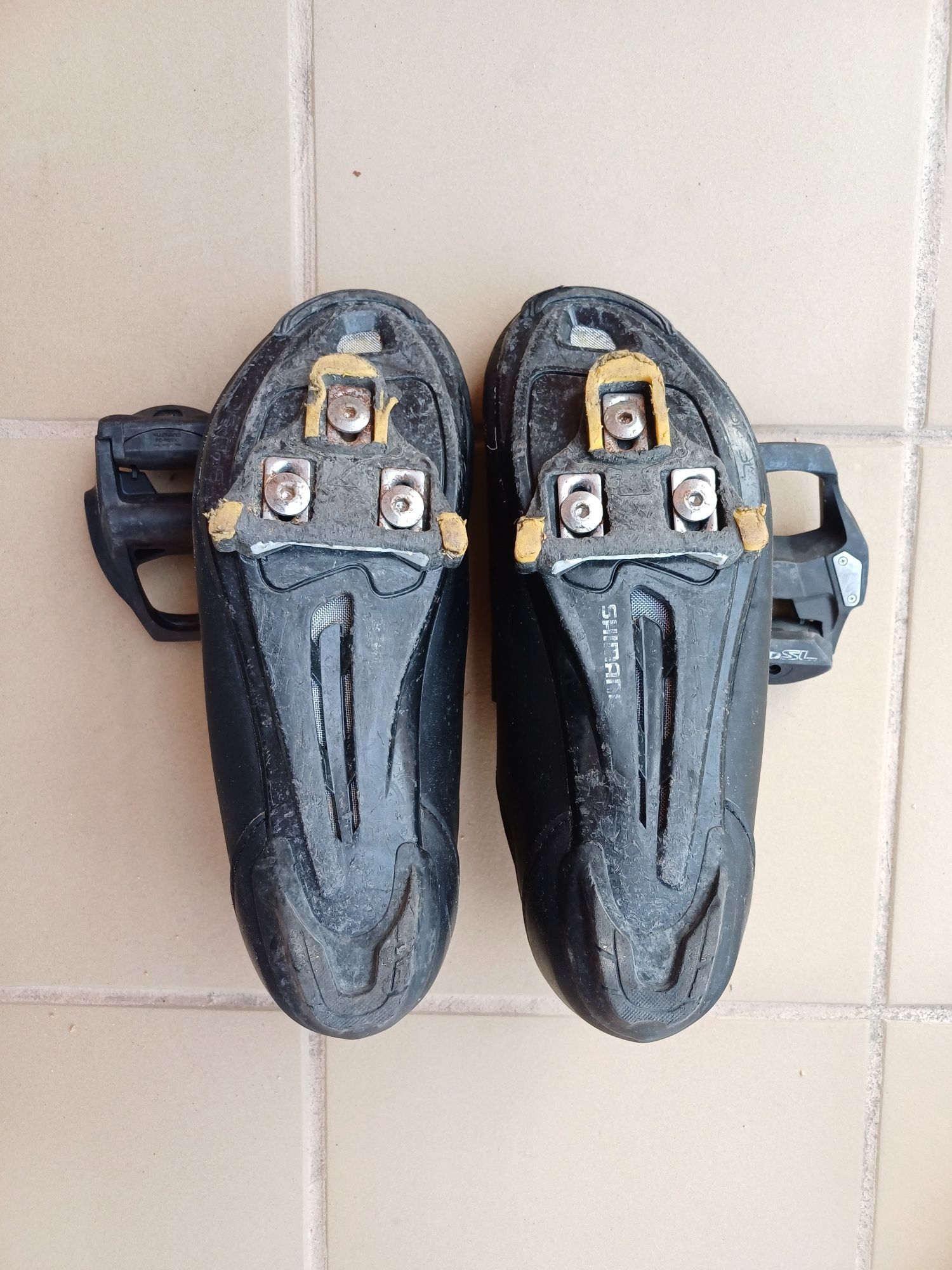 Sapatos + pedais + travessas, estrada, shimano