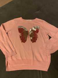 Sweter dziewczęcy różowy z motylem H&M cekiny 122/128