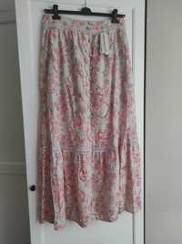 Nowa spódnica długa maxi GUESS haftowana kwiaty pudrowy róż 40 L