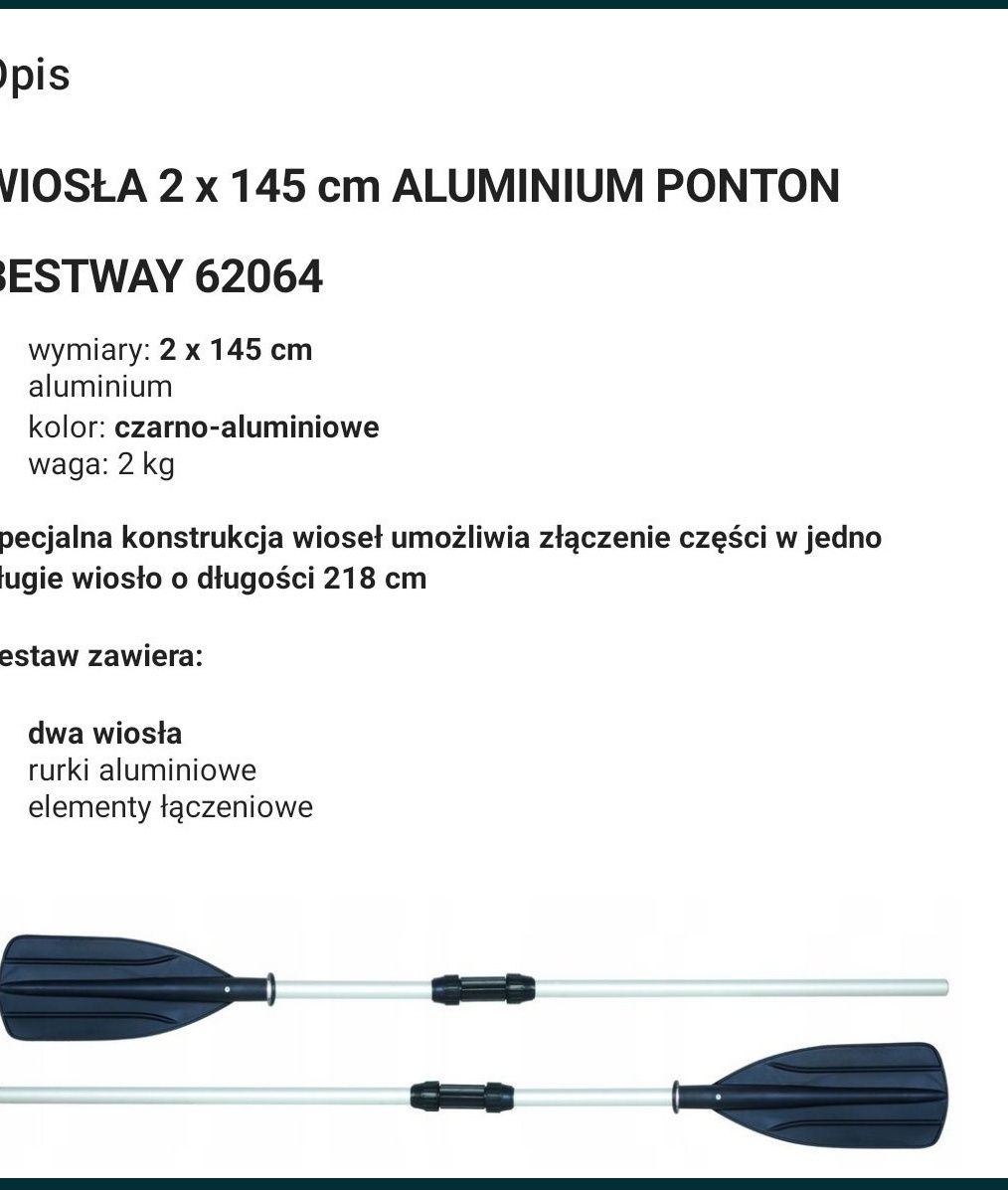 Komplet 2 opakowania wiosla bestway kajak ponton 
Wiosła idealnie nada