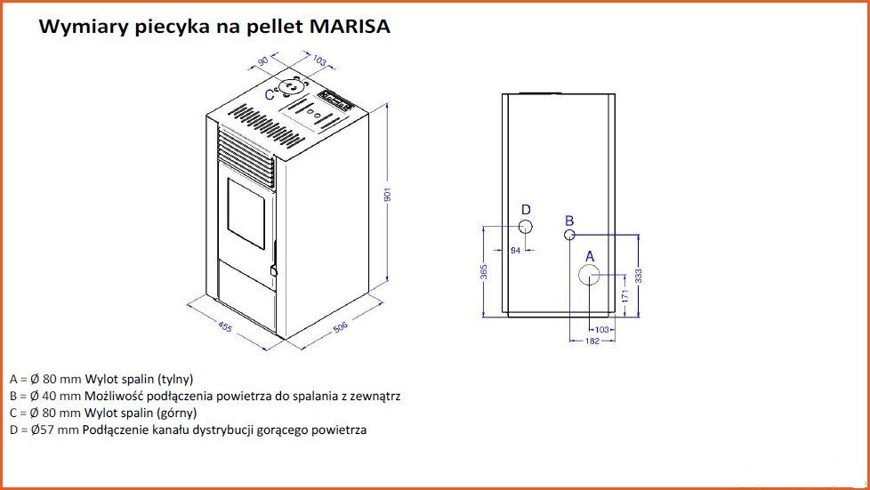 Piec na pelet pellet z DGP, dystrybucją gorącego powietrza Marisa 9 kW