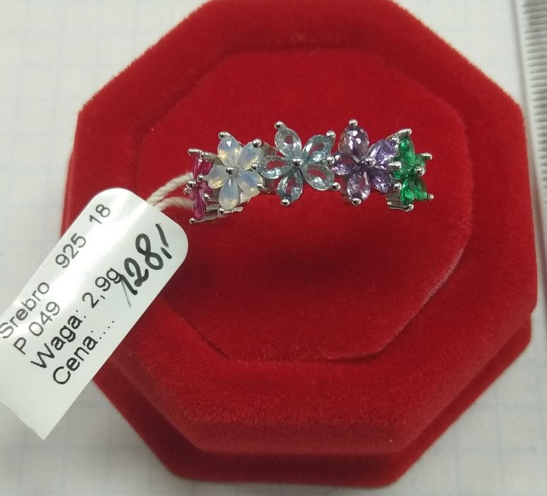 Pierścionek kwiatki z kolorowymi kamieniami 925 Nowe r.18