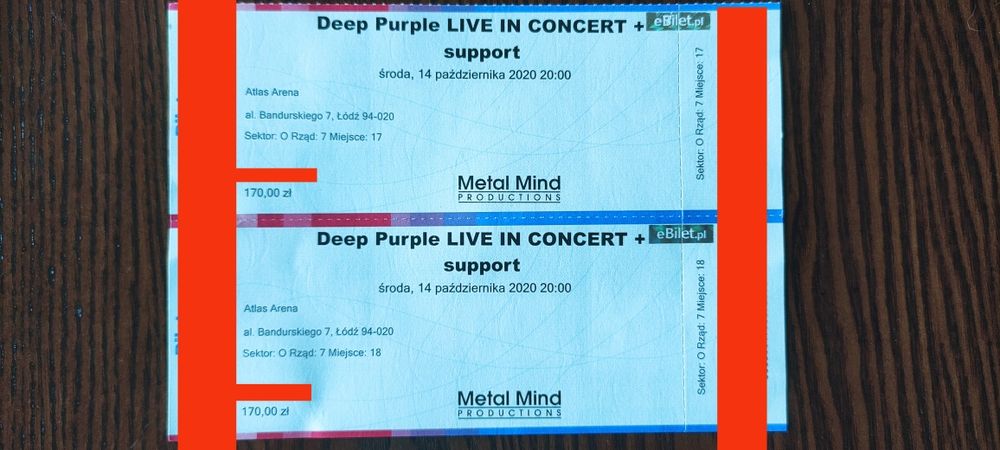 2 bilety na koncert Deep Purple, Atlas Arena Łódź, trybuny