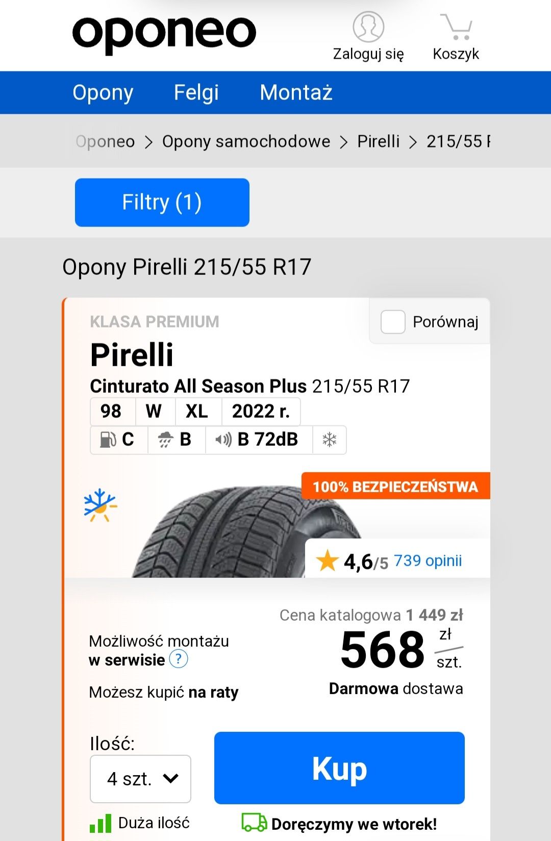 Opony PIRELLI cinturato Plus, all season 98W 215/55 R17 6mm bieżnika