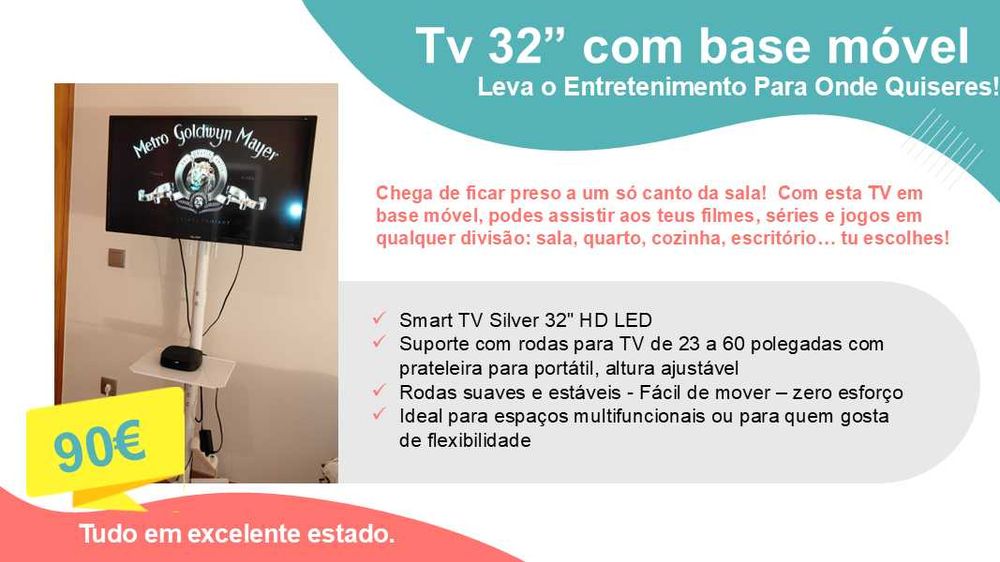 Tv 32” com base móvel Leva o Entretenimento Para Onde Quiseres!