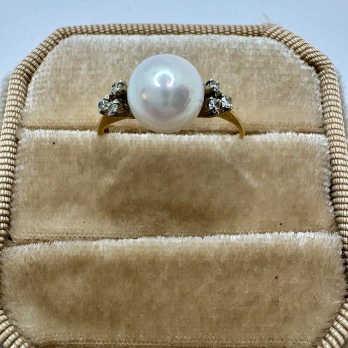 Retro pierścionek złoto 18 k perla akoya diamenty