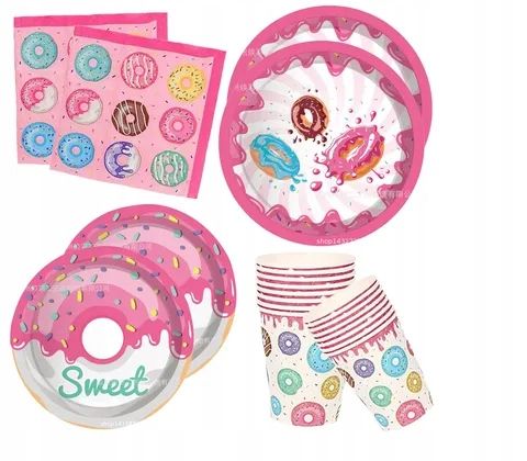 Dekoracje na urodziny Pączek Donut ZESTAW naczyń jednorazowych 44 szt.