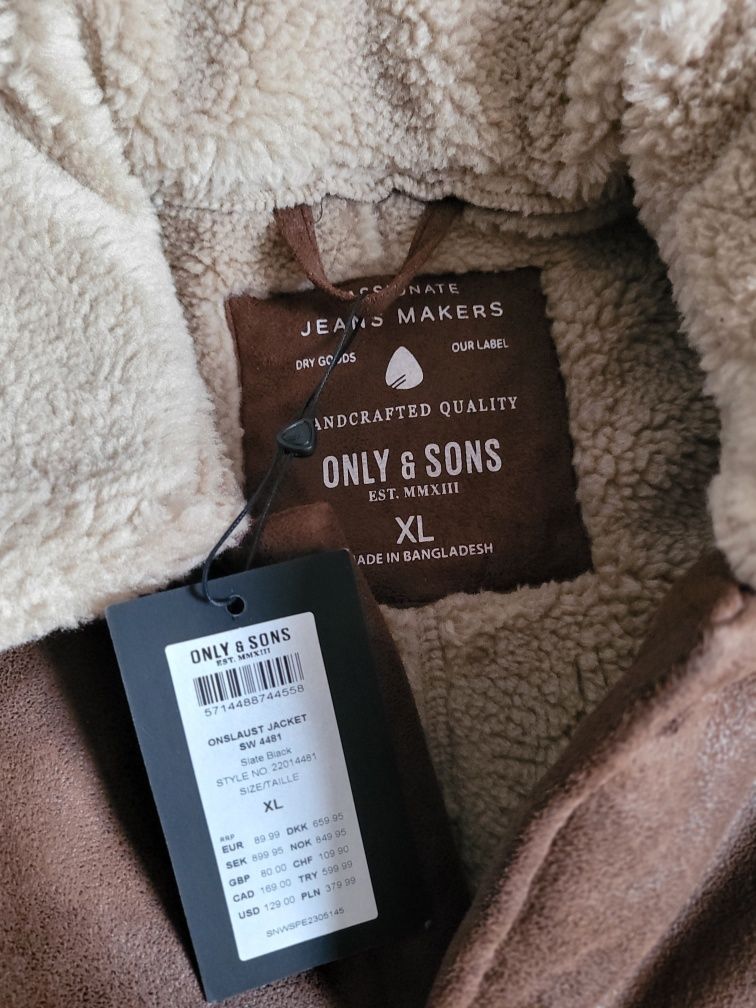 Nowa kurtka Only & Sons Rozmiar XL brązowa, ocieplana, kożuch