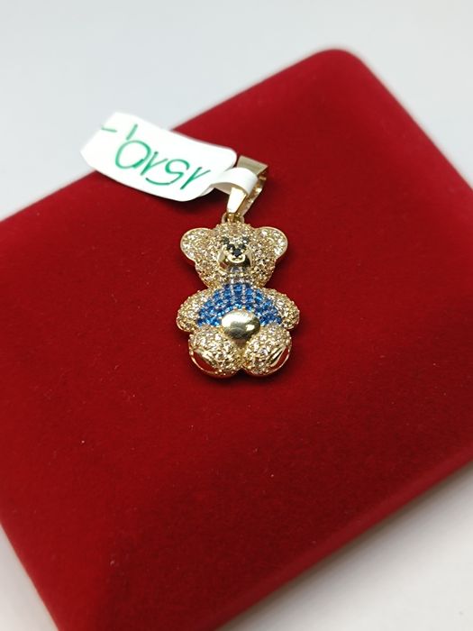 Złoty wisiorek Miś z biało niebieskimi cyrkoniami, złoto próby 585