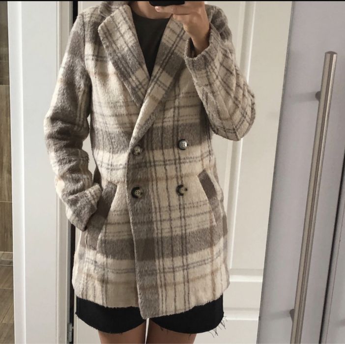 Kurtka płaszcz żakiet H&M 34/36 XS/S krata dwurzędowy beżowy beż