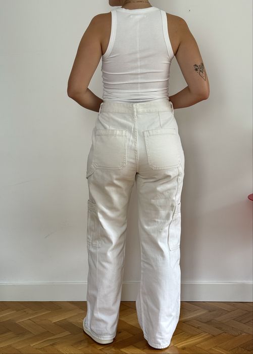 Jasne białe szerokie jesnsy cargo H&M 40/42 wysoki stan